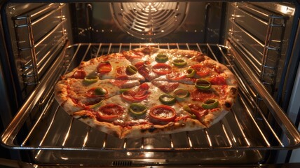 The pizza is cooked in the oven. Sauces, cheeses, sausages, vegetables and other toppings are carefully distributed over the dough, creating a bright and appetizing aroma.