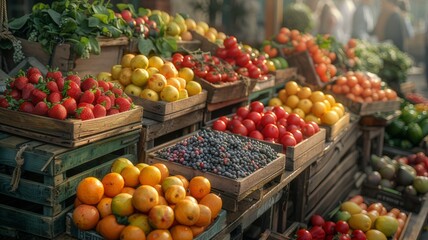 Market, farmers market concept. Numerous types of vegetables, berries and fruits. Each product looks fresh and appetizing.