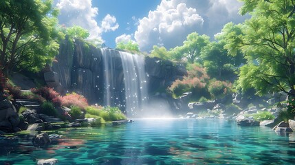 Serene Waterfall in Enchanting Forest with Lush Moss, Generative AI