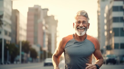 Senior man going for a run, old man living a healthy lifestyle for longevity on road in city in morning, glass building background, Generative AI