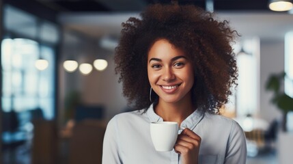 Fototapeta premium Young happy business woman in casual shirt on break in office, relax and happy time