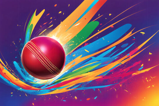 a red cricket ball with a green and blue background.