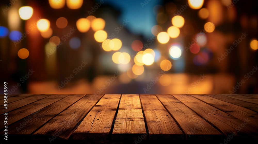 Poster a wooden table background with a blurry bokeh of lights. the lights are scattered around the table a