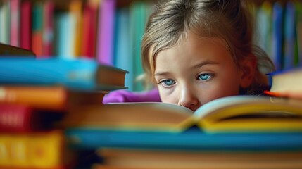 Close up of attractive child reading a book while looking at camera. Elementary student holding fairy tale novel book or bedtime stories surrounded by various book. Creative activity concept. AIG42. © InfiniteFlow