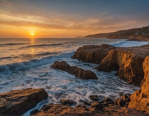 Fototapeta na wymiar Marvel at the beauty of a coastal landscape at sunrise, with the golden light of dawn illuminating the shoreline. 