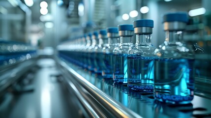 Production of pills Packing capsules and liquid medicine in factories, equipment, machines, or various processes related to the production of pharmaceutical products with details such as conveyor belt