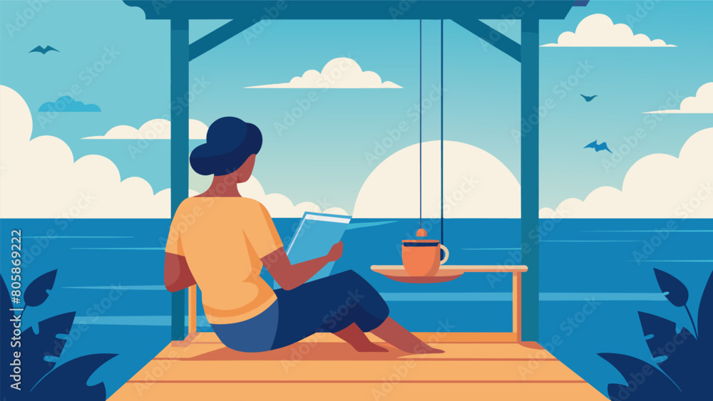 Poster with a view of the ocean and a gentle breeze a stoic reader sits on a porch swing sipping tea and re