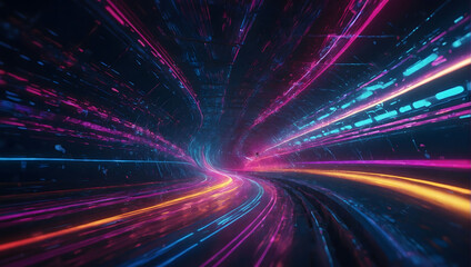 Electric Dreams, Abstract Futuristic Background Portal Tunnel with Energetic Indigo, Fuchsia, and Lime Neon Moving High-Speed Wave Lines and Flare Lights