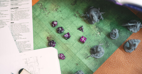  Miniatures and dice for adventure story on battle map role playing tabletop game and board games...