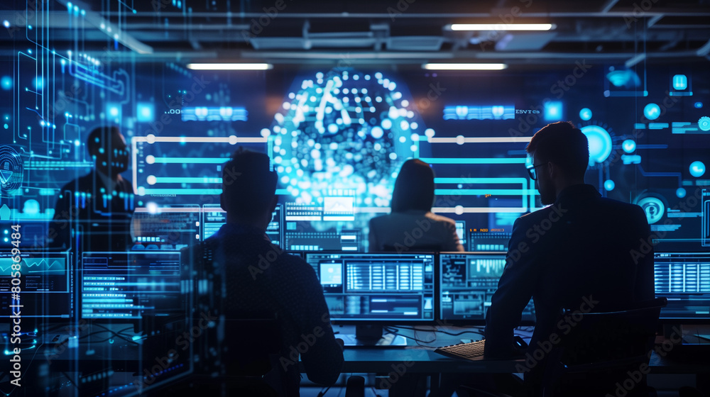 Poster digital resilience in cybersecurity with an image showing cybersecurity professionals defending agai