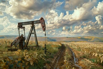 Naklejka premium Oil pump integrated in agricultural landscape, combining energy and farming practices