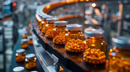 Production of pills Packing capsules and liquid medicine in factories, equipment, machines, or various processes related to the production of pharmaceutical products with details such as conveyor belt