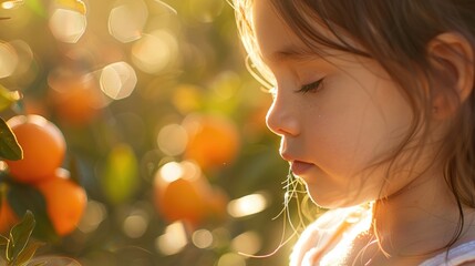A young girl intimately engaging with the scent of a fresh citrus fruit in a sunlit grove. A young girl inhales the fresh scent of an orange amidst the warm glow of a citrus grove at sunset. AIG50