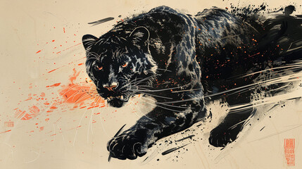 A stylized illustration of a black panther, inspired by Japanese art and calligraphy