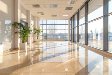 Fototapeta premium Modern office hall with panoramic windows, beige and brown tones, spacious interior design