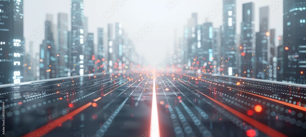 Aufkleber Futuristic virtual digital highway technology with city building. Fast speed wireless data transfer.Generative AI technology.