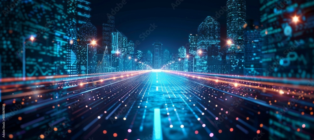 Poster virtual digital highway technology with city building. generative ai technology.