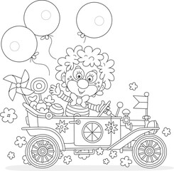 Funny circus clown friendly smiling and waving in greeting in his toy retro car with sweets, gifts and holiday balloons flying around, black and white outline vector cartoon