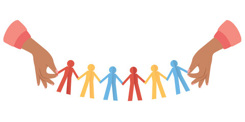 Hands holding human paper chain, Human paper cut. Concept of community and support. Social equality design.