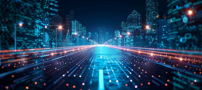 Virtual digital highway technology with city building. Generative AI technology.	
