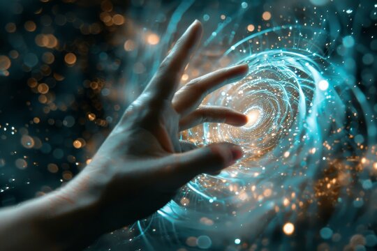 First contact. hand touching spinning vortex of light particles, neuronal network concept