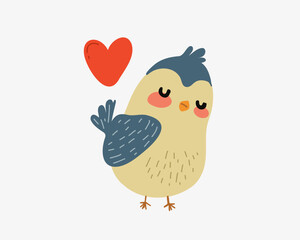 Fototapeta premium Cute little cartoon bird with a heart on a white background
