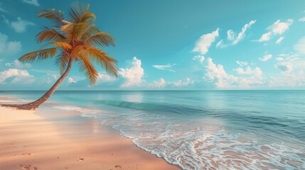 Palm tree on tropical beach with blue sky and white clouds abstract background. Generative ai