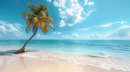 Palm tree on tropical beach with blue sky and white clouds abstract background. Generative ai