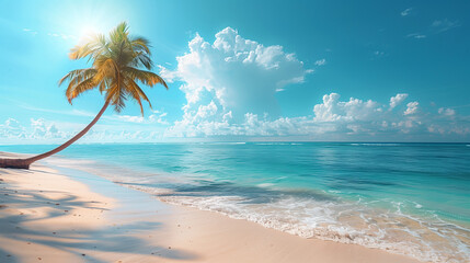 Palm tree on tropical beach with blue sky and white clouds abstract background. Generative ai