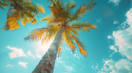 Palm tree on tropical beach with blue sky and white clouds abstract background. Generative ai