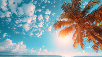 Palm tree on tropical beach with blue sky and white clouds abstract background. Generative ai
