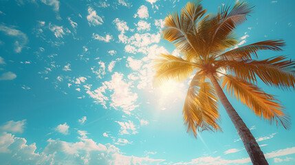 Palm tree on tropical beach with blue sky and white clouds abstract background. Generative ai