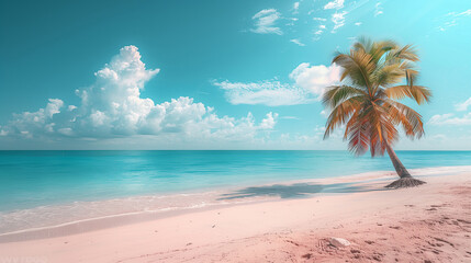 Palm tree on tropical beach with blue sky and white clouds abstract background. Generative ai
