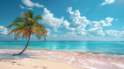 Palm tree on tropical beach with blue sky and white clouds abstract background. Generative ai