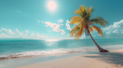 Palm tree on tropical beach with blue sky and white clouds abstract background. Generative ai