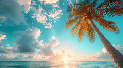 Palm tree on tropical beach with blue sky and white clouds abstract background. Generative ai