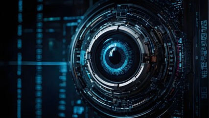 Robotic eye in the dark of technology, hacker or AI; cyborg vision on a digital backdrop. Idea of cyber security, technology, data, AI, hacking, future, and network