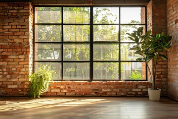 Contemporary loft room with spacious window and rustic brick wall design in modern interior