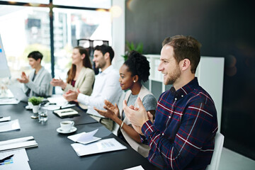 Obraz premium Clapping hands, seminar and business people in office boardroom for finance presentation or team building. Applause, collaboration and group of financial advisors at corporate workshop or meeting.