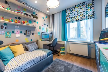 Modern teenagers bedroom interior with stylish design, functional workspace, and cozy bed