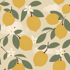 Fruits and flowers of lemons with leaves on a branch form a seamless pattern on a light beige background for fabrics, textiles and wrapping paper. Vector.