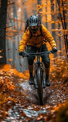 Autumn Adventure: Rugged Mountain Biker Tackling a Challenging Trail Amidst Vibrant Fall Colors