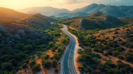 Endless Horizon: Aerial View of a Desert Road Winding Through Stark, Beautiful Landscape, Symbolizing the Eternal Journey Under the Hot Sun