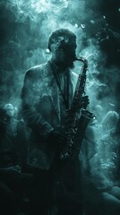 Atmospheric jazz club with a saxophonist in spotlight, smoky room filled with an audience in...