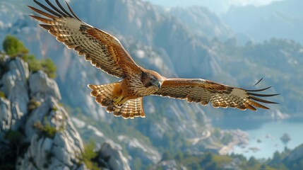 Obraz premium Flight of Freedom: Majestic Hawk Soaring Above Mountain Range, Against Clear Blue Sky, Symbolizing Power and Liberty