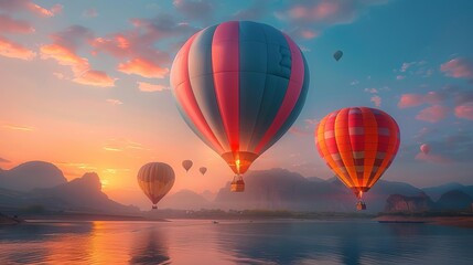 Fototapeta premium Dawn's Ascension: Majestic Hot Air Balloon Rise Against Pastel Sky, Quiet and Breathtaking as Colorful Balloons Take Flight