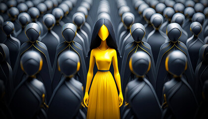 Close-up of one single orange-yellow human shape (woman) among a large group of black ones....