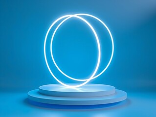 Minimalist concept with a neon-like glowing circle on a pedestal against a calm blue backdrop.