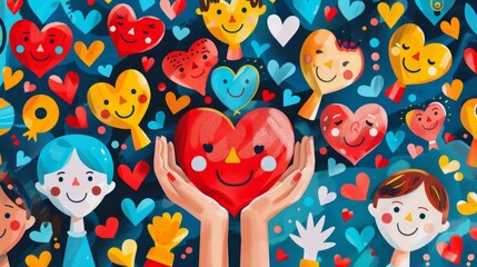 Fototapeta premium Charity illustration concept with abstract, diverse persons, hands and hearts. Community compassion, love, and support concept