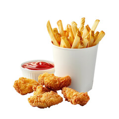 Chicken fingers with french fries and ketchup, transparent or isolated on a white background